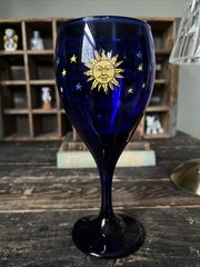 Vintage Libbey Cobalt Blue Celestial Sun & Moon Wine Glass Water Goblet