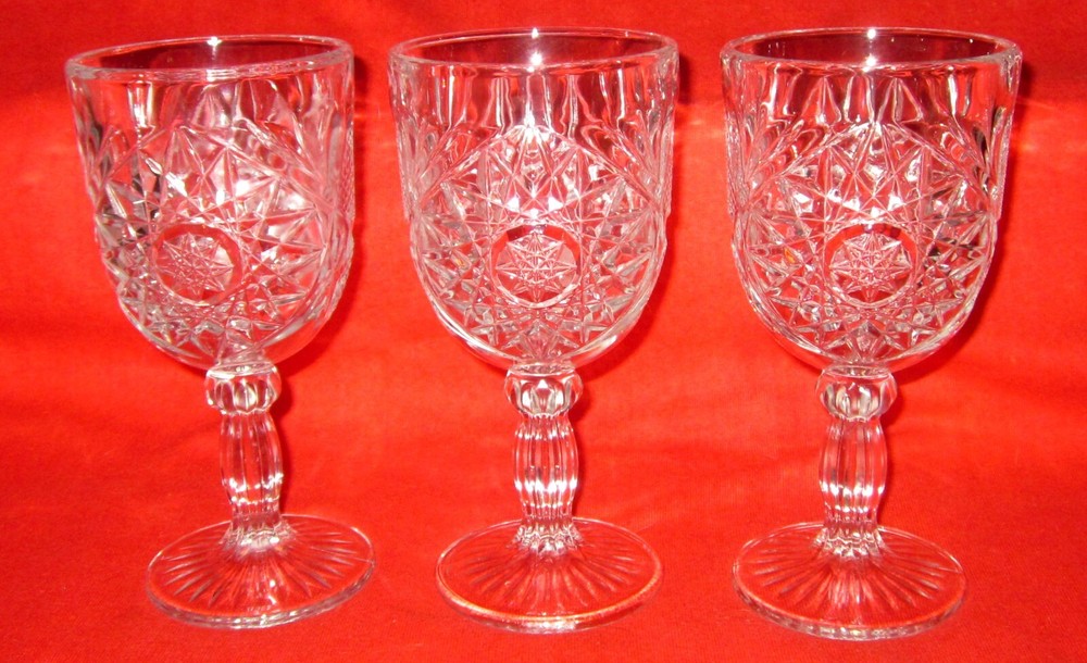 Set of 3 Libbey Hobstar Star Burst Clear Glass Wine Water Goblets