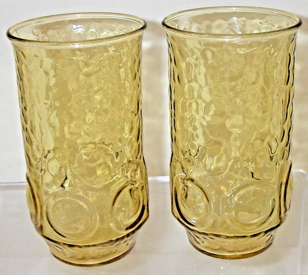 2 Anchor Hocking Glass HERITAGE HILL Honey Gold Tumbler 11 oz Circles Textured