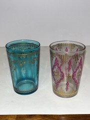 Two Vintage MCM Teal, Pink, Gold 6oz Embossed Juice Glass 4 Inch Moroccan