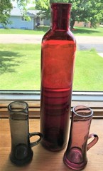 Vintage Hand Blown Glass Bottle & Two Tall Shot Tea Glasses Handles Rare Unusual