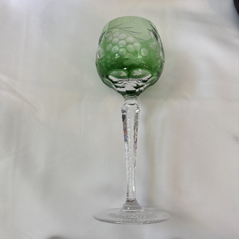 VTG Czech 1 ea. Cut Glass Cordial Liquor Garden Green Grapes Crisscross 8” ht