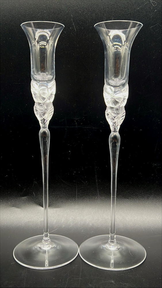 Pair Tall Crystal Champagne Flutes Floral Stem 12” Elegant Wedding Toast Glasses