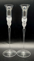 Pair Tall Crystal Champagne Flutes Floral Stem 12” Elegant Wedding Toast Glasses
