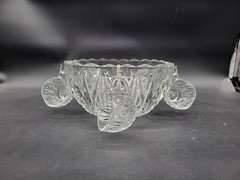 Vintage Hazel Atlas Williamsport Clear Glass Star & Fan Punch Bowl w/ 3 Cups