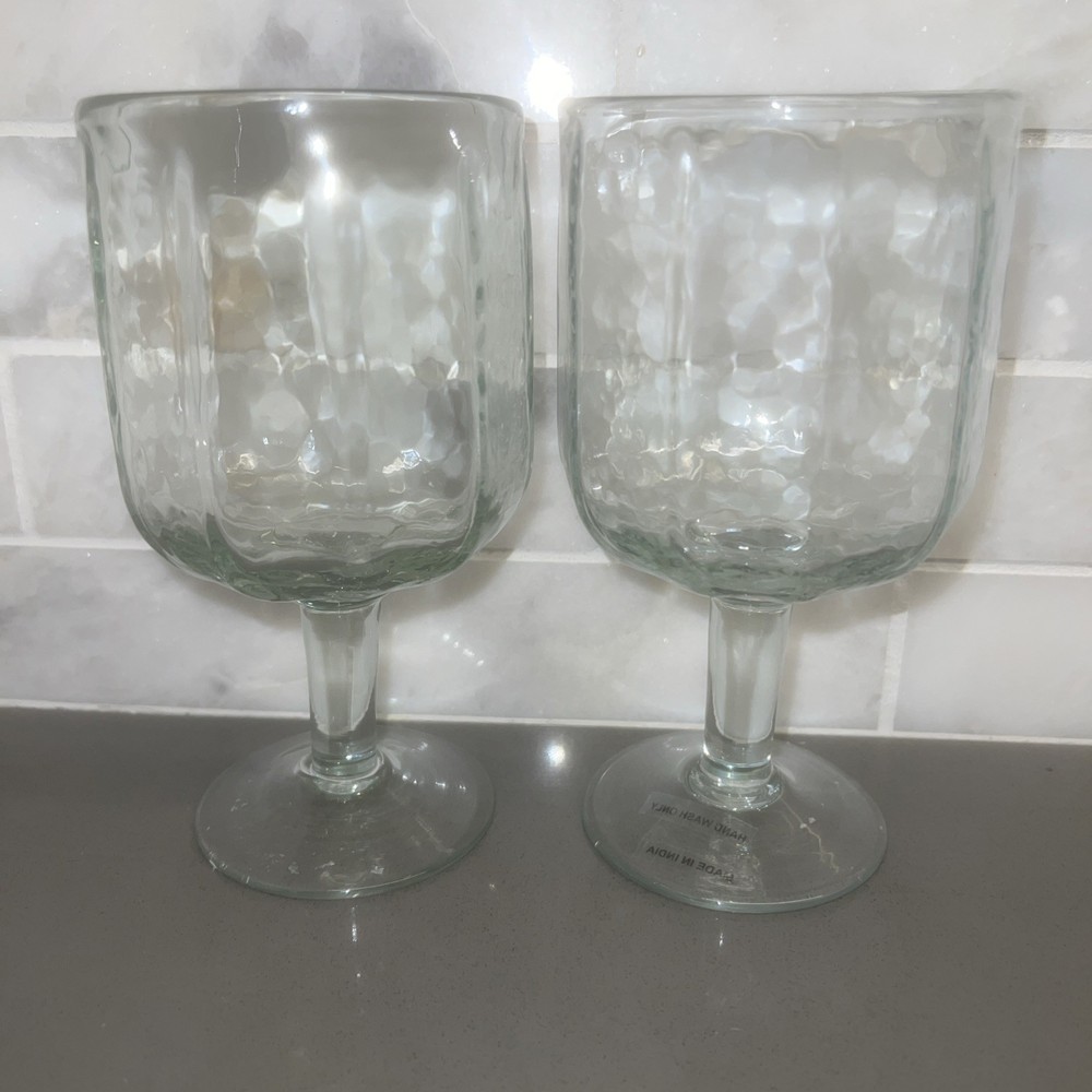2 Hand Blown Made In India Tulip Water/Wine goble Textured 6 1/2”