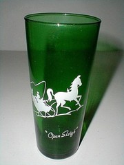 2 Forest Green Glass GAY NINETIES Open Sleigh & The Hansom Iced Tea Tumblers TWO