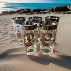 5 Dorothy Thorpe Silver Rim Highball Glasses Scroll C Monogram MCM Vintage 6Os