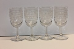 Antique Set of 4 Cordial-Sherry Glasses, Art Nouveau Etched Greek Key Pattern