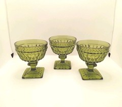 3 Vintage Indiana Glass Mount Vernon Green Square Footed Dessert Cup Dishes