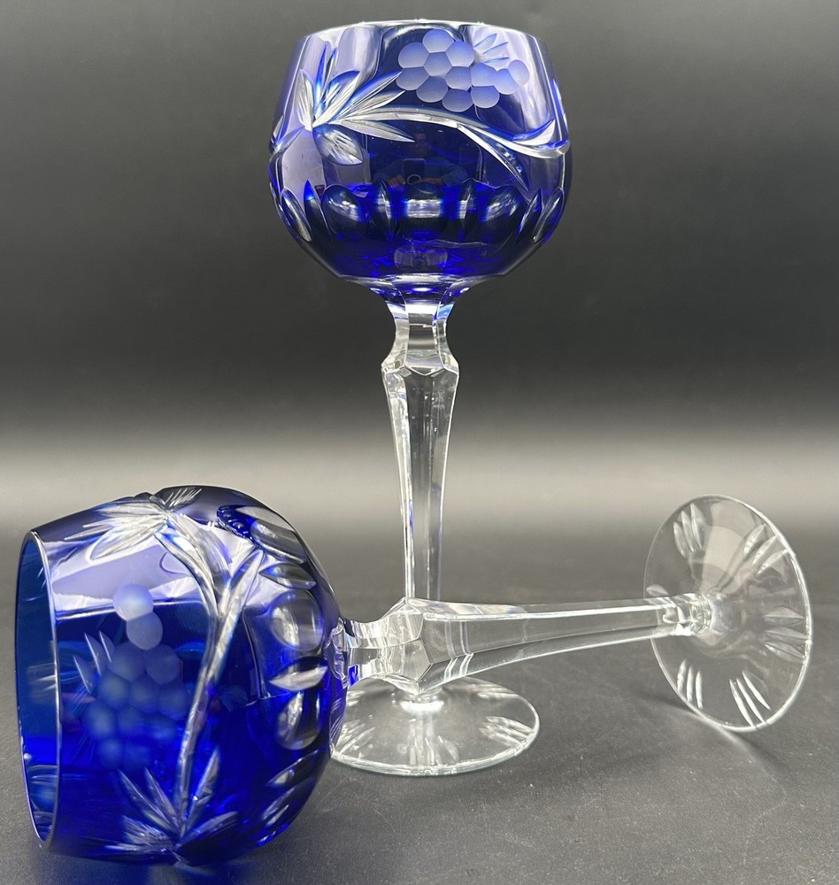 Nachtmann Traube Grape Cobalt Blue Cut Clear Crystal Wine Glass Goblet Pair A