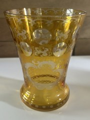 19th Century Bohemian Footed Glass ~ Amber Flashed & Engraved 4 3/4” x 3 1/2