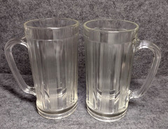 Vtg Clear Glass Ribbed Beverage Mugs w/ Handles Pressed Glass Beer Tumblers