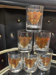 Lot Of 6 Couroc Double Old Fashioned Glasses MCM Wings Shield Gold Wood Grain