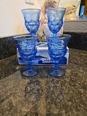 FOSTORIA BLUE ARGUS Juice Goblets Henry Ford Museum Set Four 5″ Wine/cordials