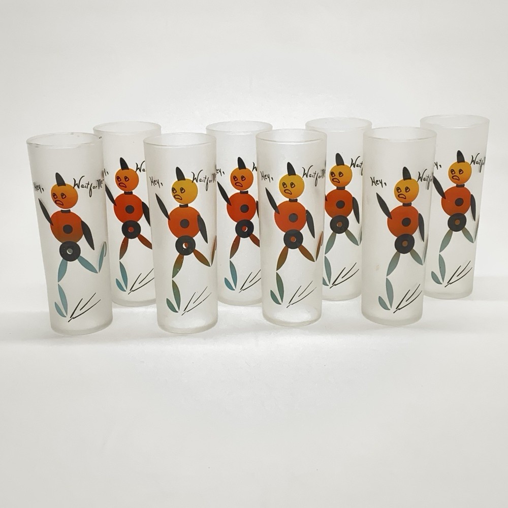 8 Vintage Gay Fad Frosted Glasses Hey Wait For Me MCM Tom Collins Tumblers 14 oz