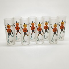 8 Vintage Gay Fad Frosted Glasses Hey Wait For Me MCM Tom Collins Tumblers 14 oz