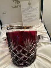 Faberge Crystal Cut Odessa Ruby Red Ice Bucket With Silver Plated Tongs, New