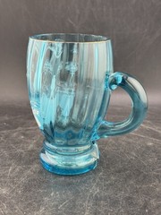 Antqiue Light Blue Mary Gregory Glass Hand Painted Tumbler Ribbed Gold Rim