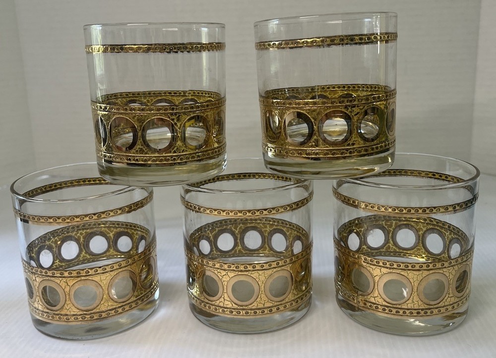 Set Of 5 Culver ANTIGUA 3 ½” Double Old-Fashioned Glasses 22k Gold Trim SALE!