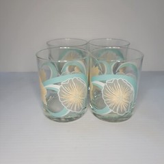 Culver Double Old Fasioned Rocks Glass Set Of 4 Pastel Floral Hibiscus vtg