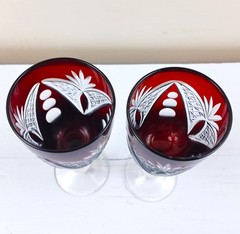 Bohemian Czech Ruby Red Cut to Clear Crystal Fan & Starburst Goblets Set of 2