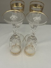Beautiful VTG Set of 4 Cut Crystal Champagne Flutes w/Gold Overlay Trim 8″ H