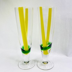Studio Art Clear Blown Pilsner Glasses Set of 2 Yellow and Green 8 oz Capacity