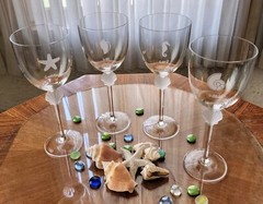 4 Crystal Seahorse Seashell Starfish Etched SUN SAND SUMMER SURF Wine Glasses