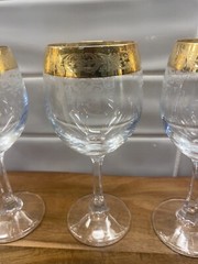 24K GOLD Cellini Beautiful Etched Blown Crystal WineGlasses Set of 4 Gold Trim