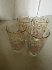 Four Vintage Anchor Hocking Swanky Swigs Small Pink Blue Atomic Star Glasses