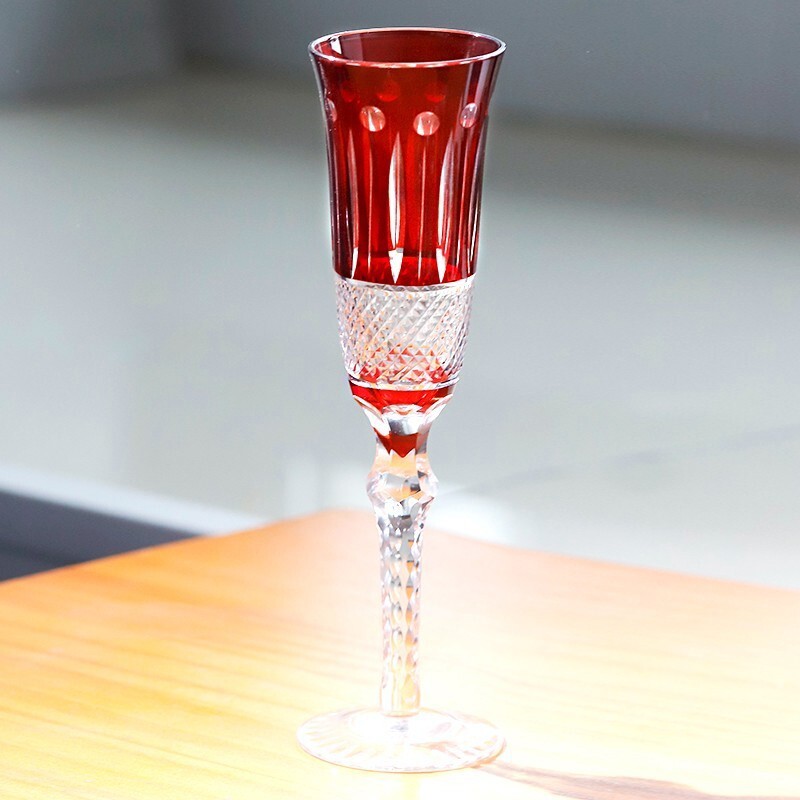 Red 5oz Bohemian Style Champagne Flute Glasses Hand Cut To Clear Crystal Glass