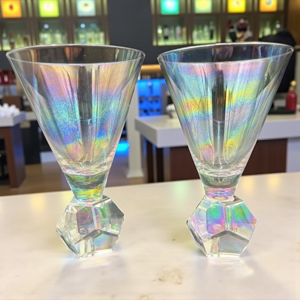 VTG Prism Glass Opalescent Martini Glasses 6.25″ Diamond Faceted Base Set of 2