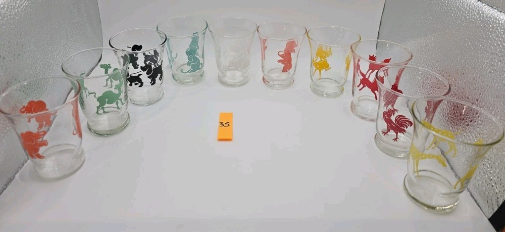 10X Vintage Libby Glasses 1950’s Elephant, DOG, Horse, Monkey, Juice, Beverage
