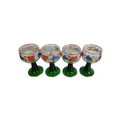 Luminarc France Floral Wine Glasses Goblets Green Beehive Stem Goldtone Trim (4)