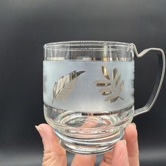 Set of 4 Vintage Libbey Silver Leaf & Frost Coffee Mugs W/ Metal Handle MCM