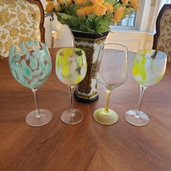 Yellow Green Wine Glasses Variety Set of 4 Mouth Blown Glasses 9 & 10 inches