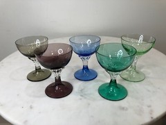Vtg. Set of 5 Multi Colored Harlequin Cordial Glasses with Applied Stems
