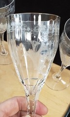 3 Central Glass Works Floral Trumpets Needle Etch, Cut Stem 8-1/8” Water or Wine
