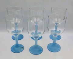 Set of 6 Vintage Frosted Blue Stem Wine Glasses Barware 6.5″