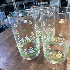 Vtg Pink Yellow Green Tulip Flower Blossom Drinking 6” Glasses 20oz libbey ?
