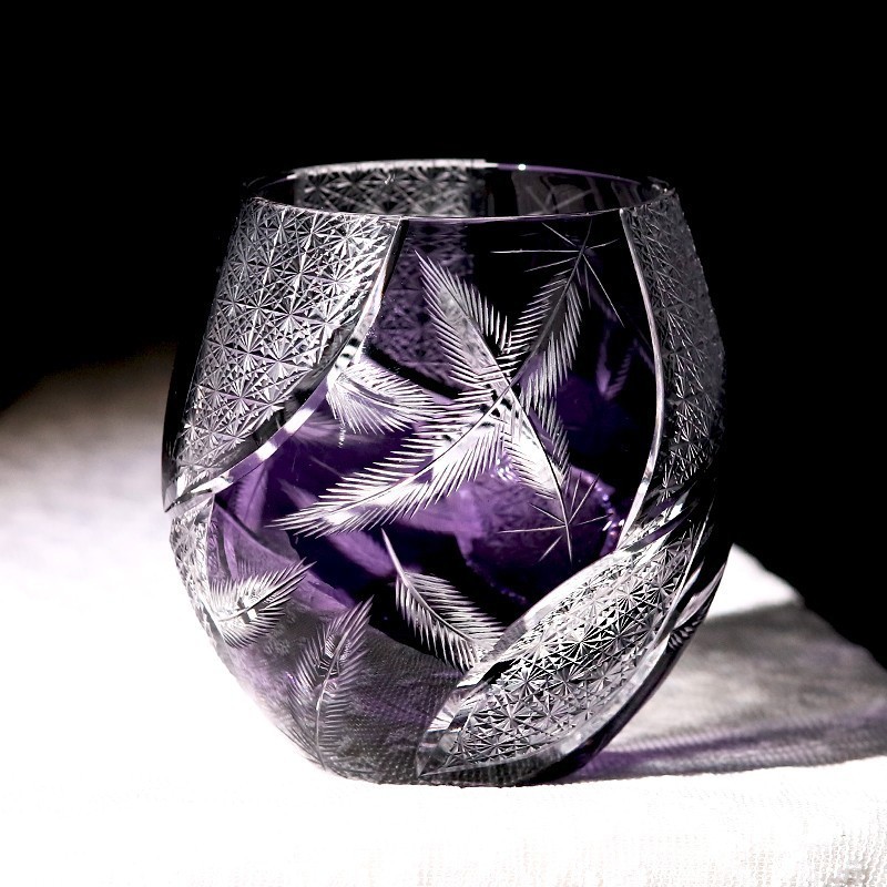 Feather Design Hand Cut Clear Lead-free Crystal Glass 12oz Whiskey Glass Purple