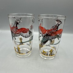 Vintage Hazel Atlas Tumbler Highball Glass Pheasant Bird Hunting Dog 5.25″ Set/2