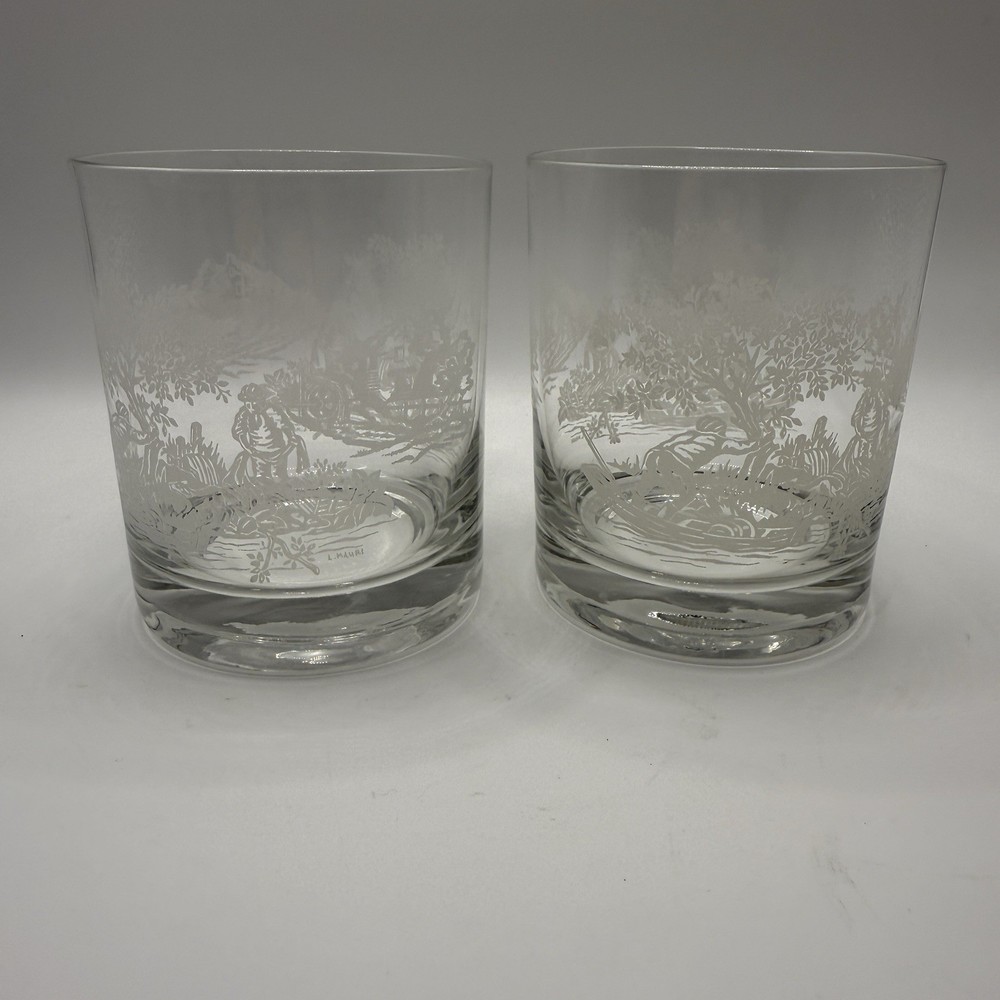 Vintage White Farm Stream Scene Whiskey Glass Signed L. Mauri Set of 2 Etched