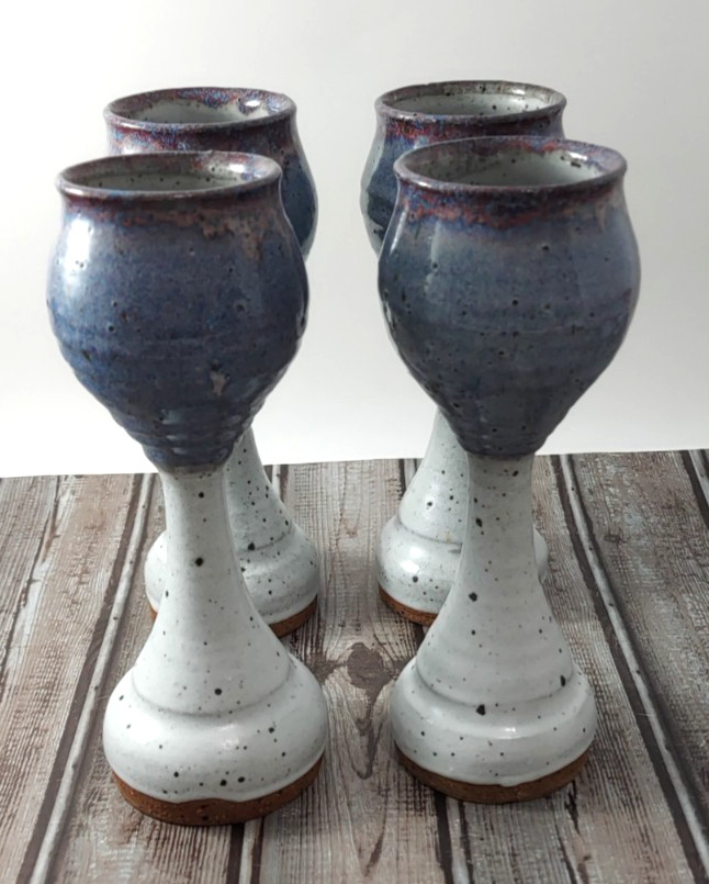 4) Studio Art Pottery Glazed Wine Chalice Goblets 6 Oz Signed Blue Gray Speckled