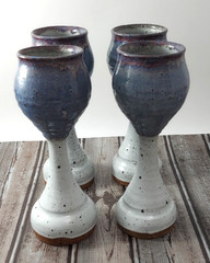 4) Studio Art Pottery Glazed Wine Chalice Goblets 6 Oz Signed Blue Gray Speckled