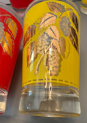 Vintage Bartlett-Collins MCM Red & Yellow Gold Grape Leaf Glass Tumblers Set 4