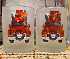 Culver Frosted Old Fashioned Glass Set 2 Votive Holder Truck Car Christmas Theme