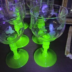 Set of 6 Tiffin Glasses with Etched Designs & Dark Green Uranium Stems Vintage