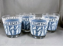 Vintage Jeanette Greek Corinthian Blue Wedgwood 8 oz Juice Glass Tumbler Set x 4